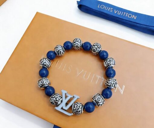 LV Monogramm-Perlenarmband, blau/silberne Perlenakzente